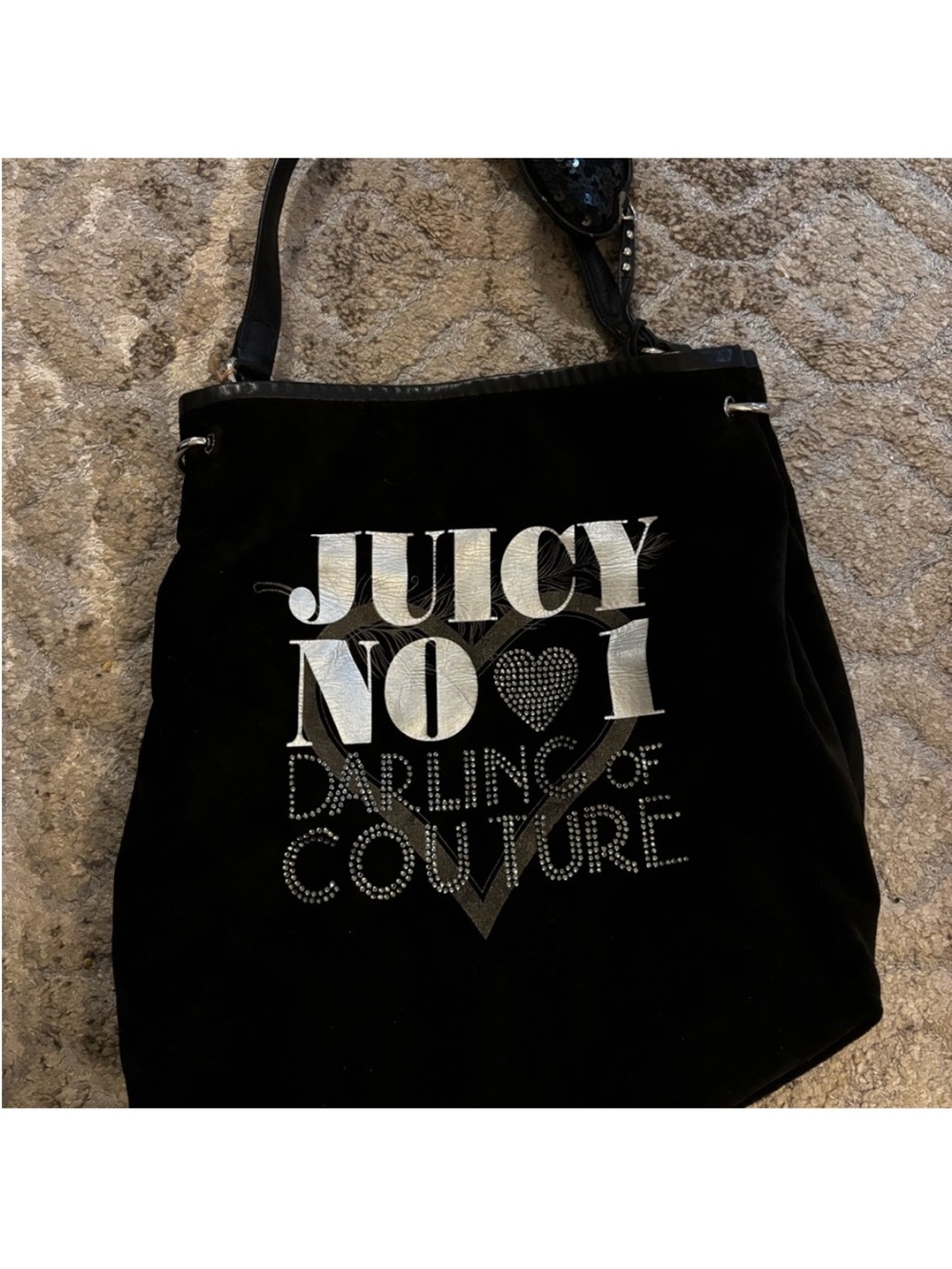 Juicy Couture Black and Metallic Silver Rhinestone Logo Hobo bag